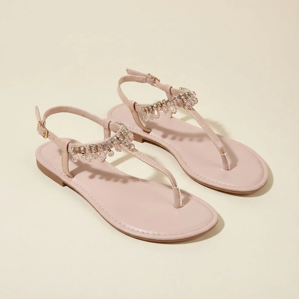 Pair of pink sandals with crystal embellishments on a beige background